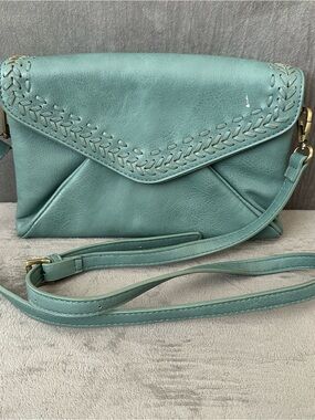 Anthropologie Isabella Whipstitch Teal Envelope Crossbody Bag Decorative Stitch